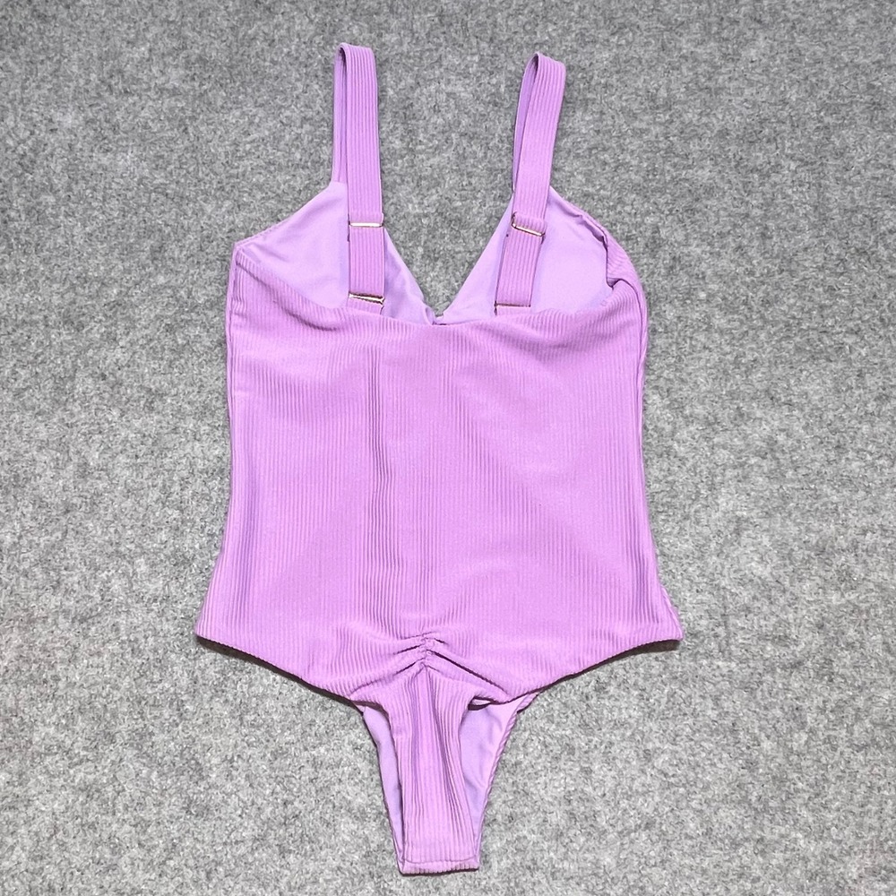 New Tan Madonnas Lilac Purple Ribbed Cheeky One Piece Swimsuit Small Adjustable - Picture 3 of 6